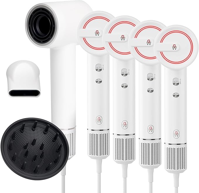 GroWell Ionic Hair Dryer, High-Speed Brushless Motor Professional Blow Dryer for Fast Drying, Low Noise, Lightweight, Compact Hair-Dryer with Diffuser for Curly Hair (4 Pack)-Velvo Beauty
