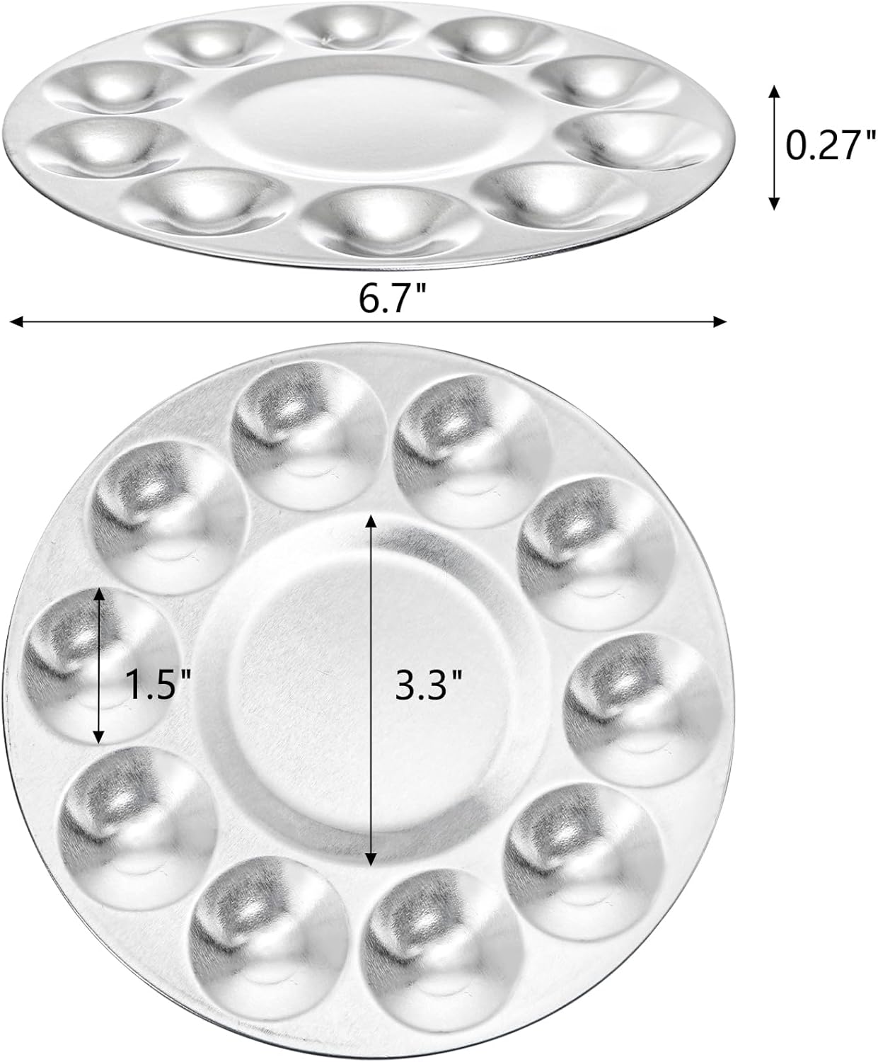 10 Pack Paint Tray Palettes, 6.7" Metal Paint Mixing Pallets, 10-Well Painting Palette, Washable Round Paint Holder Tray for DIY Craft Professional Watercolor Oil Art Painting Project, Silver-Velvo Beauty
