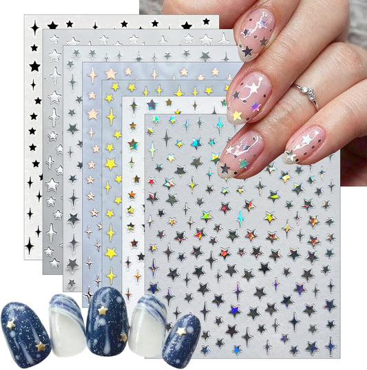 7Sheets Star Nail Art Stickers Decals 3D Self-Adhesive Shiny Black White Rose Gold Stars Nail Decals Holographic Laser Gold Silver Glitter Star Nail Design for Acrylic Manicure DIY Women Nail Decor-Velvo Beauty