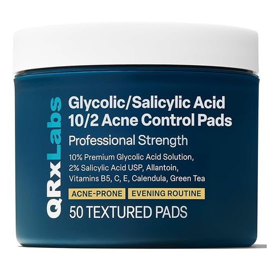 QRxLabs Salicylic & Glycolic Acid Acne Control Pads - 50 Count Jar - Glycolic & Salicylic - Bacne Treatment with Vitamins B5, C & E, Calendula & Green Tea-Velvo Beauty