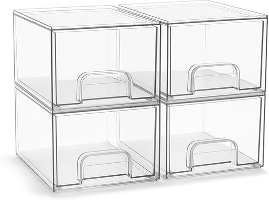 Sorbus Acrylic Storage Containers - 4 Pack, Stackable Storage Bins Set for Bathroom Organization - Clear Acrylic Drawer Organizers - Makeup Case Pull-Out Drawers (4.4’’ Tall)-Velvo Beauty