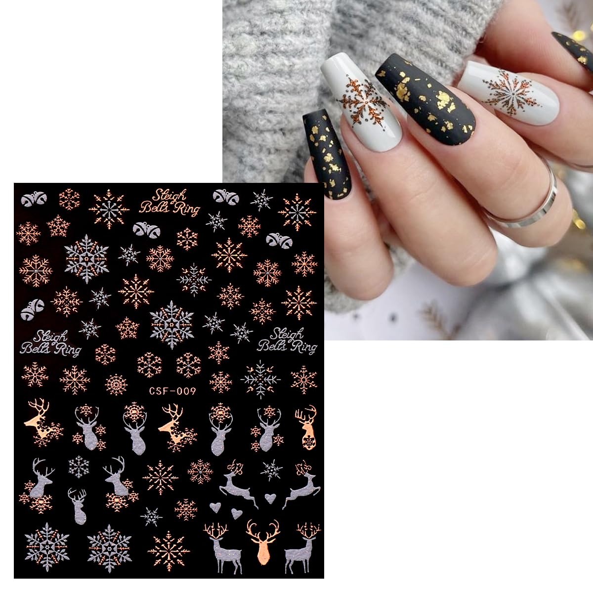 JMEOWIO 9 Sheets Christmas White Glitter Nail Art Stickers Decals Self-Adhesive Snowflake Winter Holiday Rose Gold Nail Supplies Nail Art Design Decoration Accessories-Velvo Beauty