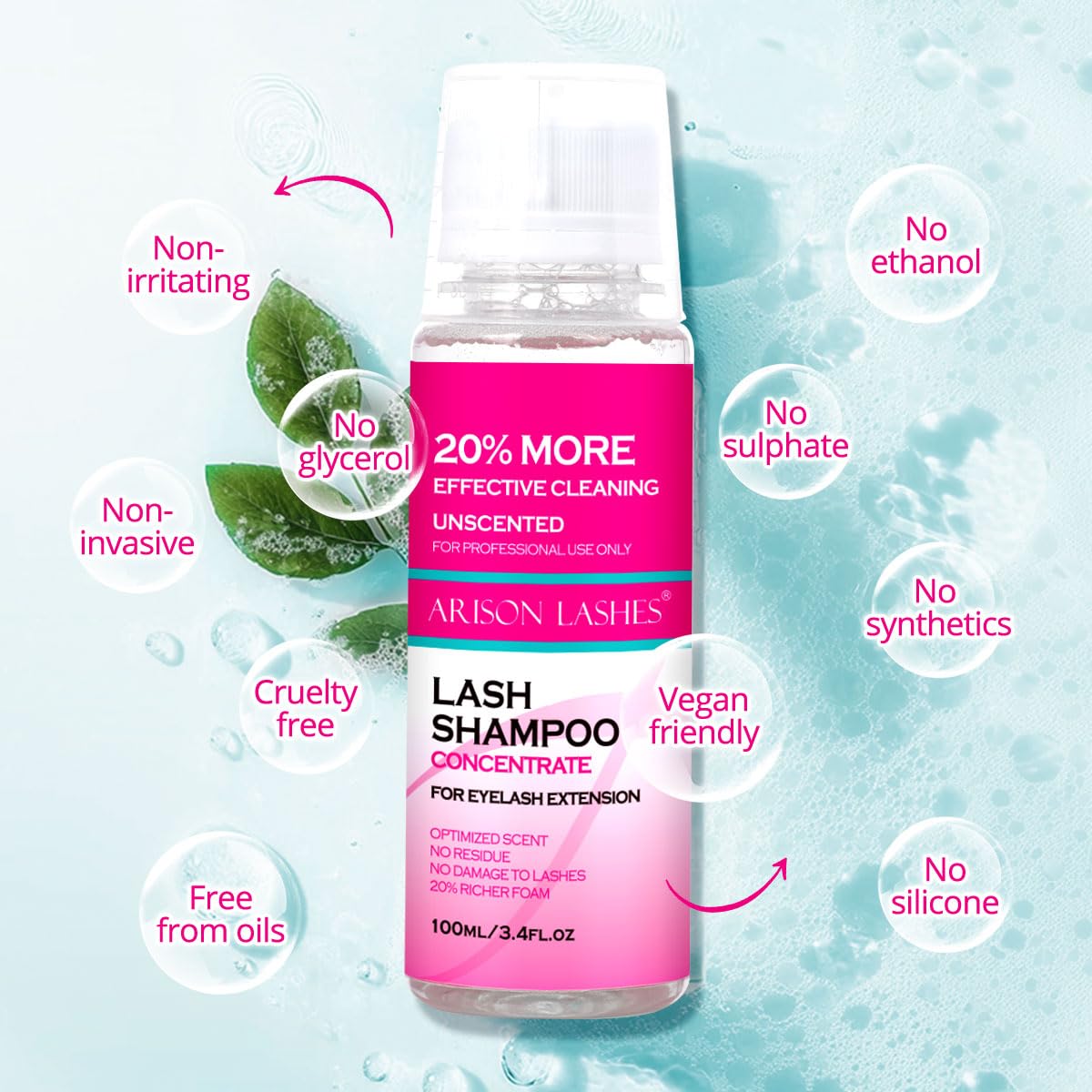 ARISON LASHES Lash Shampoo Concentrate for Lash Extensions 100ML Eyelash Cleanser Concentrate Oil-Free Eyelash Extension Shampoo with Salon Home Care(Unscente)-Velvo Beauty