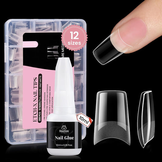 Beetles Gel Nail Tips Kit Etch-X, Square Medium, 288Pcs 12 Sizes, with 10mL Nail Glue, Pre-Etched Half Matte Half Cover Soft Acrylic False Nail Kit for Home DIY Salon Art Fall Press on Nail Extension-Velvo Beauty