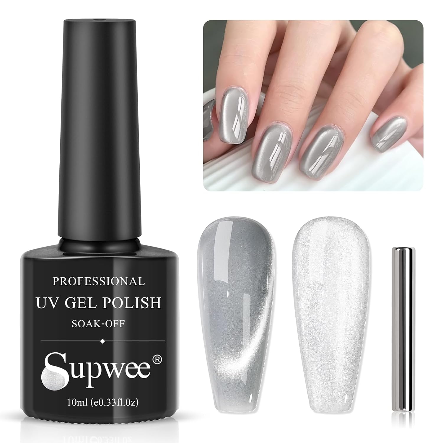 Moonlight Cat Eye Gel Nail Polish 10ml Silk Magnetic Nail Polish Glass Cateye Gel Polish with Magnetic Stick Soak Off UV LED Nail Lamp Nail Art Manicure Salon Home DIY 001, Gray-Velvo Beauty