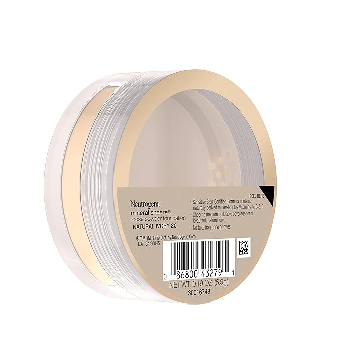 Neutrogena Mineral Sheers Loose Powder Makeup Foundation, Lightweight Face Makeup, Sheer to Medium Buildable Coverage, Sensitive Skin Foundation with Vitamins A, C, & E, Natural Ivory 20, .19 oz-Velvo Beauty