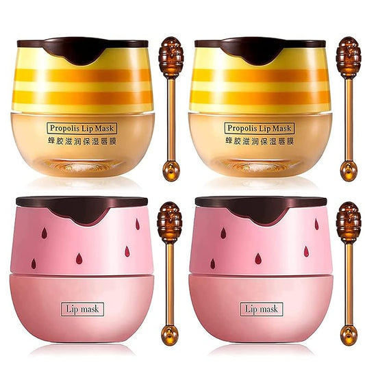 4Pcs Bee Lip Balm Honey Pot, Honey & Strawberry Lip Balm Moisturizing Lip Mask with Stick Hydrating & Prevention Dry and Cracked Lip Scrubs Exfoliator, Lip Sleep Mask Reduces Lip Lines-Velvo Beauty