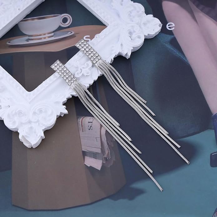 Vintage Rhinestone Dangle Earrings Gold Sleek Chain Drop Earrings Crystal Long Chain Tassel Earrings Sleek Metal Chain Earrings Jewelry for Women-Velvo Beauty