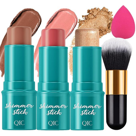 3Pcs Cream Contour Stick, with Highlighter Stick Milk Bronzer Stick Blush Stick, Face Contour Stick with Makeup Brush and Sponge, Easy to Sculpt the Face, Long Lasting, Waterproof-Velvo Beauty