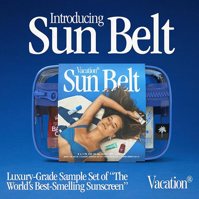 VACATION Sun Belt Sampler Kit, SPF 30-50 Sunscreen Pack, Includes Classic Lotion, Super Spritz Face Mist, Baby Oil, After Sun Gel, Festival Friendly Fanny Pack-Velvo Beauty