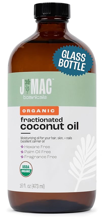 J MAC BOTANICALS Organic Fractionated Coconut Oil (16 Ounce Glass Bottle) Organic Carrier Oil and for DIluting Essential Oils, Moisturizer, Hair Care-Velvo Beauty