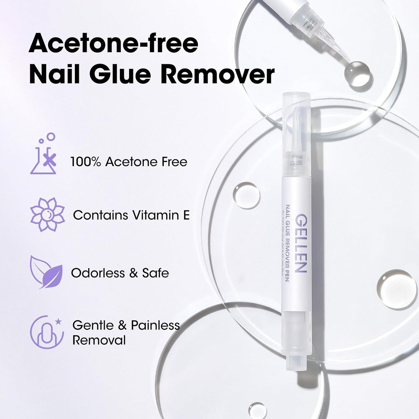 Gellen Nail Glue Remover 5 Pcs, Glue Remover Pen for Press on Nails, Non Acetone Press on Removal, 10s Quick Remove for Nail Tips Fake Nails Solid Glue Gel-Velvo Beauty