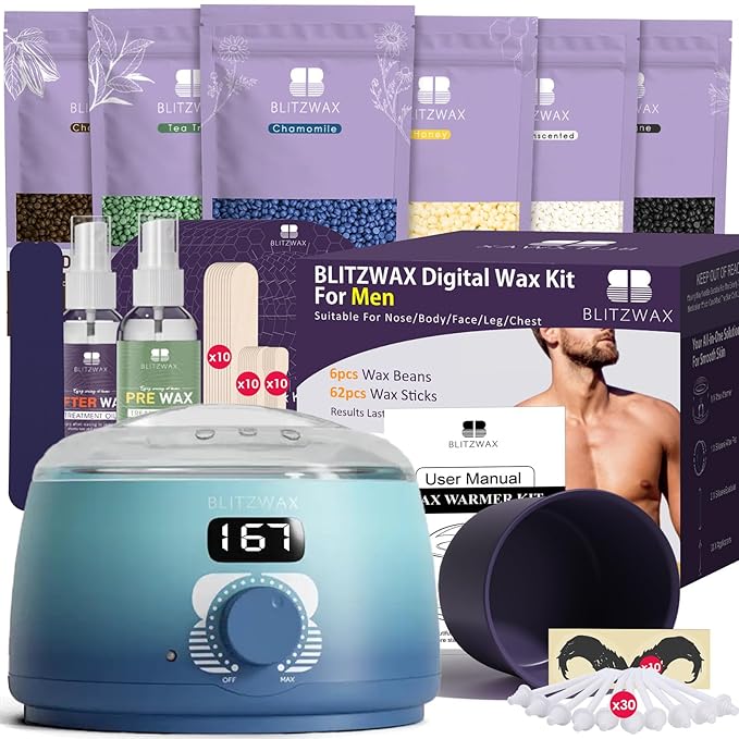 BLITZWAX Back and Nose Waxing Kit for Men, Hard Wax Warmer for Brazilian, Body and Face, At Home Hair Removal Kit, Beginner Friendly, Quick Heating, 93 Accessories, Blue Waves-Velvo Beauty