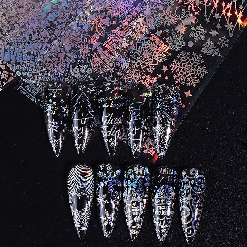 Christmas Nail Foil Transfer Stickers 10 Rolls Silver Snowflakes Skull Nails Stickers White Bunch Nail Foils 1 Box Colorful Starry Sky Paper Nail Decals Christmas Nails Art Sticker Nails Art Decals-Velvo Beauty