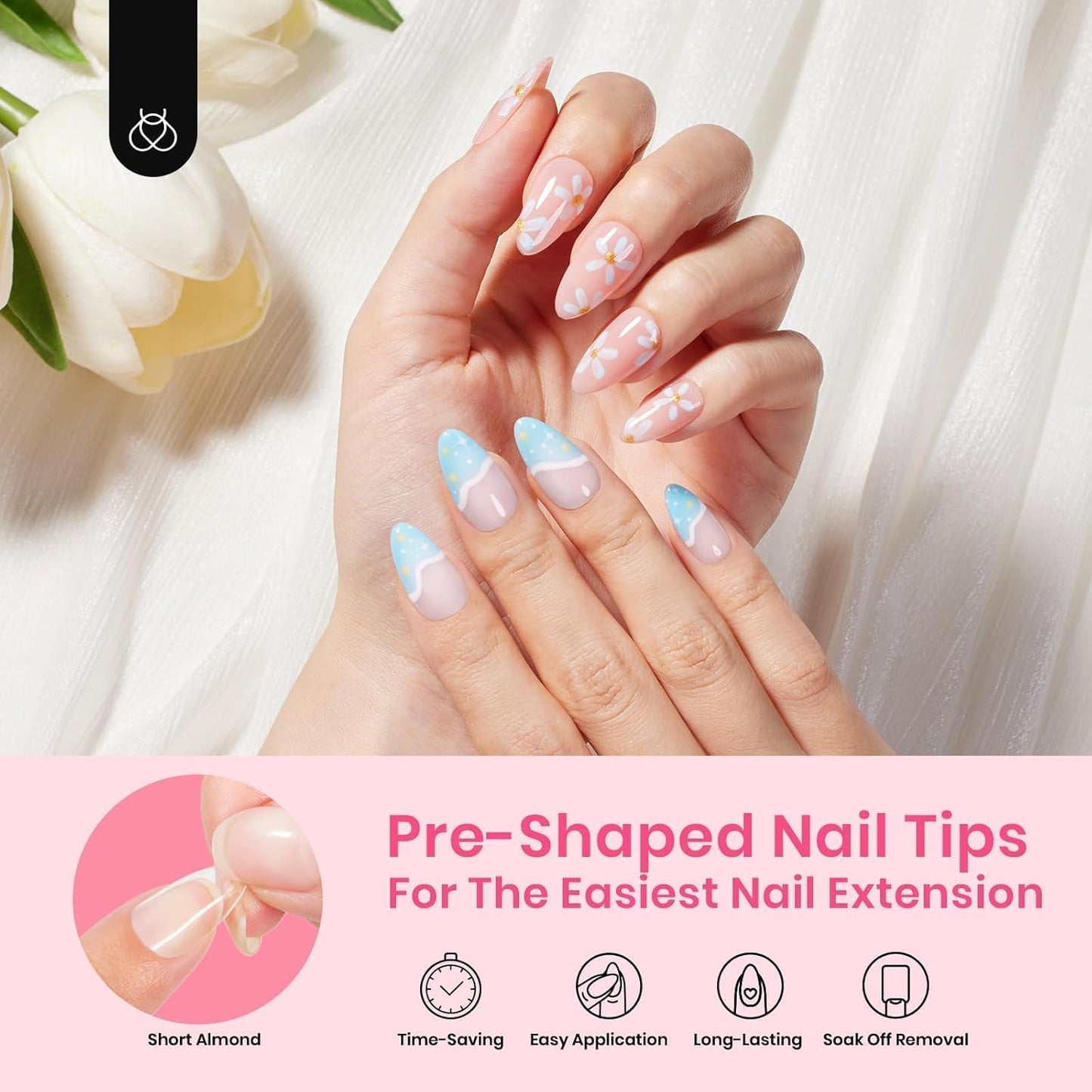 Beetles Gel Short Almond Nail Tips, 288Pcs Pre-Shape Clear Short Almond Gel Press On Nail Fake Nails Easy Nail Extension Full Cover False Nails for Gel Nail Polish Gelly Tips DIY Nail Salon-Velvo Beauty