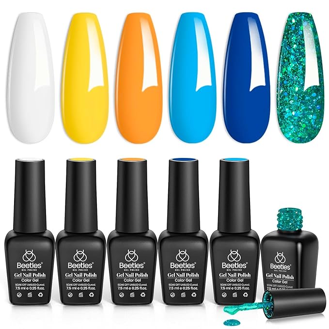 beetles Gel Polish Set, 6 Colors Yellow White Orange Blue Gel Polish Kit, Glitter Green Nail Polish Soak Off Nail Lamp Nail Art Manicure Kit, DIY Home Salon Gifts for Women-Velvo Beauty