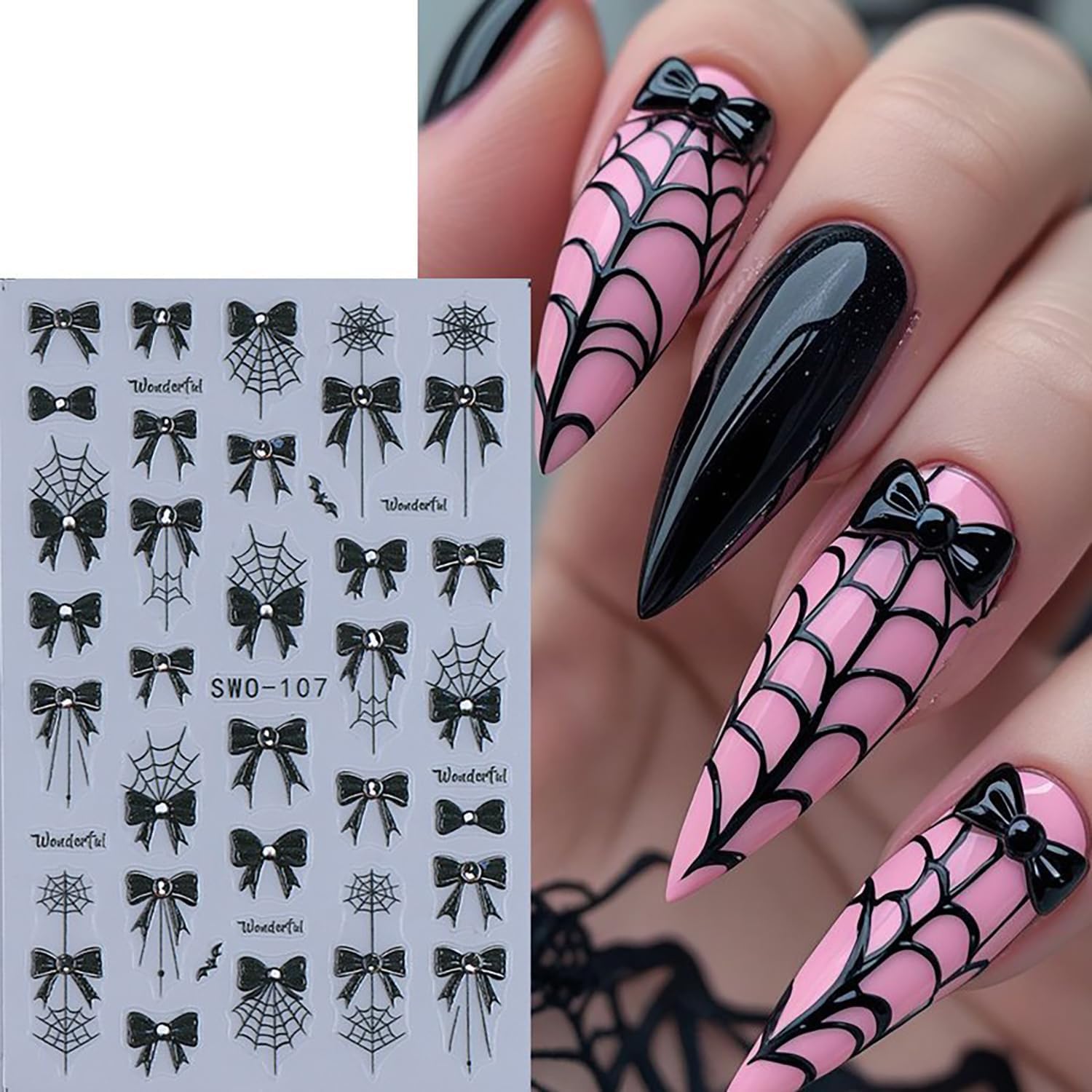 6 Sheets Halloween Nail Art Stickers 3D Self -Adhesive Black Bow Spider Web Nail Decals Holographic Bat Blood Drops Nail Stickers Halloween Nail Decoration for Women Manicure Supplies-Velvo Beauty