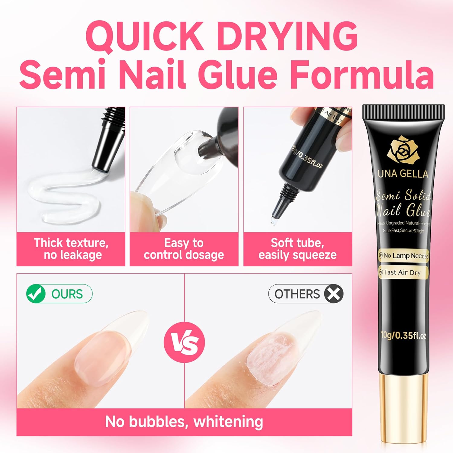 UNA GELLA No Lamp Need Solid Nail Glue for Press Ons: Nails Acrylic Nails Super Strong Semi Nail Glue Gel Fast Curing 10ml*2pcs Long Lasting Gel Glue Kit-Velvo Beauty