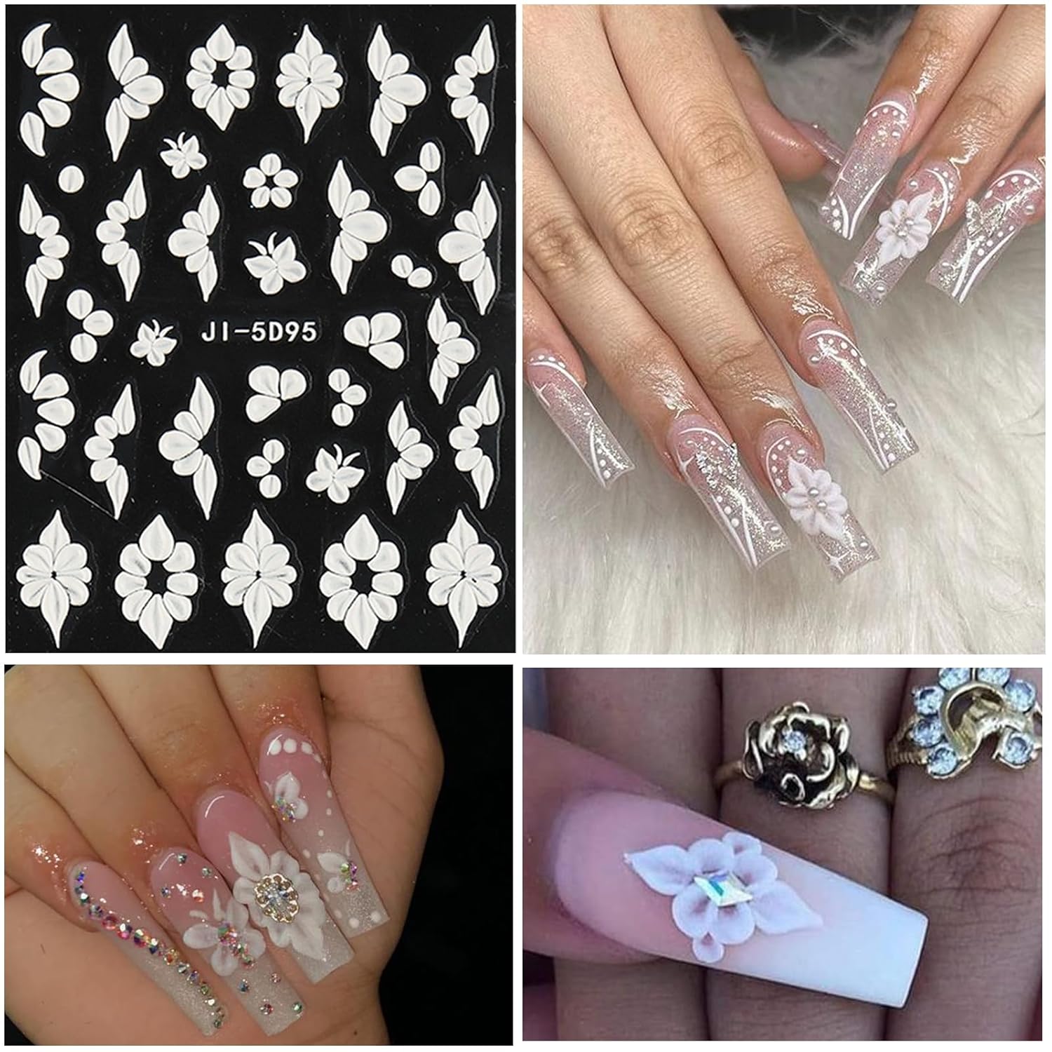 6 Sheets Flower Nail Art Stickers Decals 5D Embossed Nail Decals Spring Summer Self-Adhesive Nails Accessories 3D Flowers Decal for Women Nails Design Decoration-Velvo Beauty
