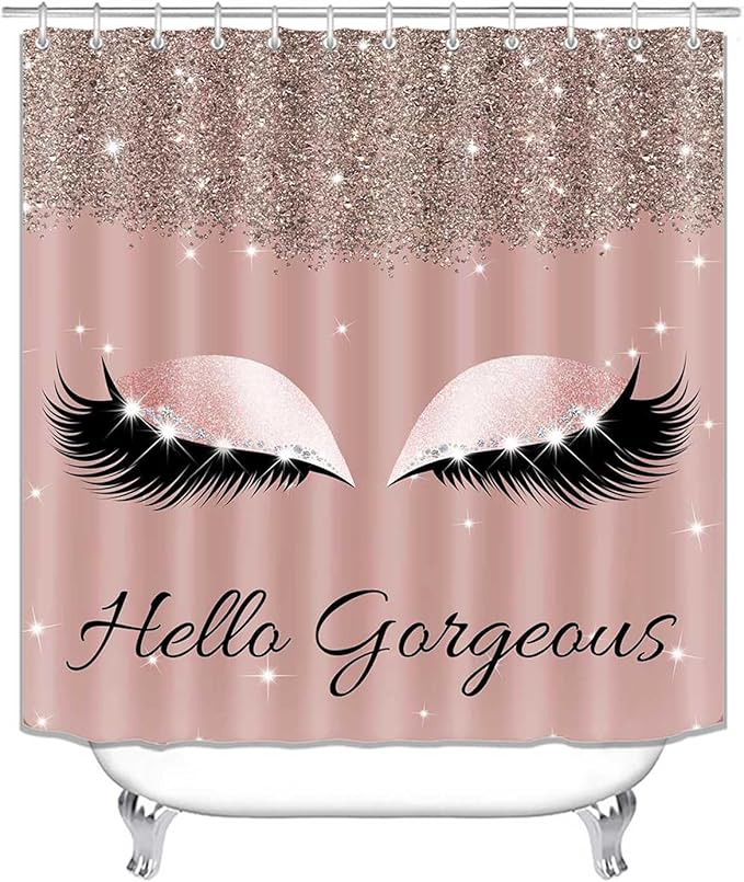 4PCS Hello Gorgeous Shower Curtain Sets with Rugs, Rose Gold Glitter Bling Glam Makeup Diamond Unicorn Eyelash Bathroom Decor, Waterproof Fabric Pink Shower Curtain Girly Gifts for Girls Women-Velvo Beauty