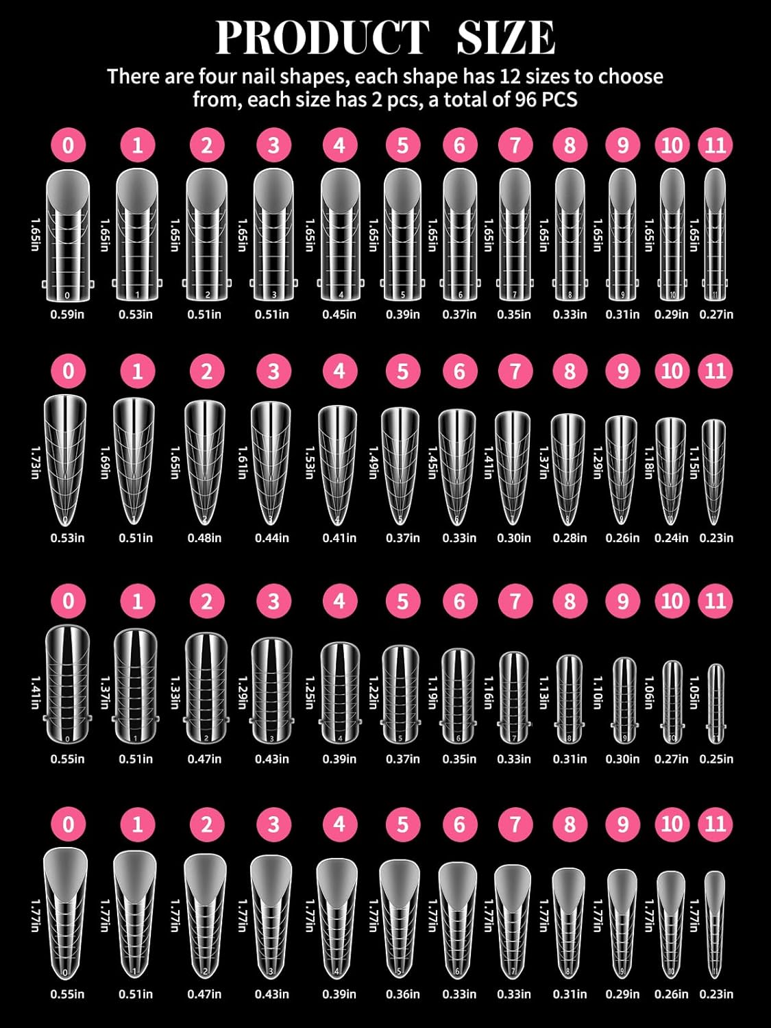 EBANKU Clear Matte Poly Gel Nail Forms 4 Styles, 96PCS Dual Nail Forms Full Cover Nail Mold Tips Acrylic Nail Extension Tools 12 Sizes Scale for Poly Gel Nail Art Salon Nails Design-Velvo Beauty