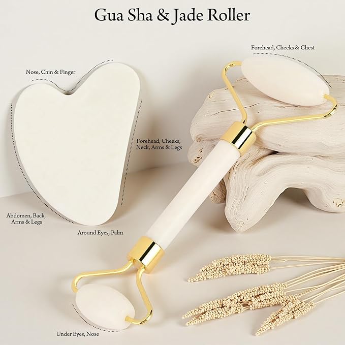 Real Perfection Gua Sha Facial Tools Face Roller for Wrinkles Jade Roller and Gua Sha Set, Scrubber Pore Brush Headband Skin Care Tools for Travel Skincare Routine Massaging Reducing Puffiness - White-Velvo Beauty