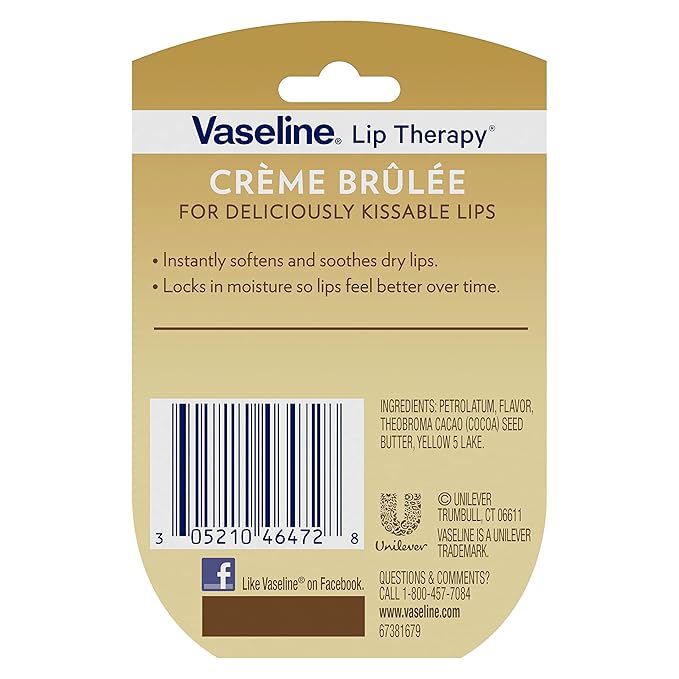 Vaseline Lip Therapy Creme Brulee Mini, White Petrolatum, Advanced Moisturizer, Relieves Dull and Dry Skin, Mini Vaseline Petroleum Jelly, Soft & Smooth Vaseline Lips (Pack of 6-0.25 Oz Ea) -Velvo Beauty