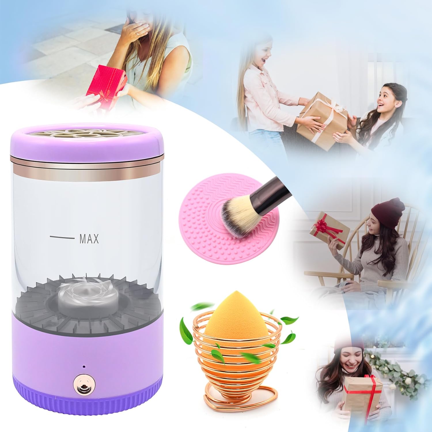Makeup Brush Cleaner,Low noise and 8000 RPM Electric Makeup Brush Cleaner Machine for Deep Cleaning,Automatic Spinning Cosmetic Brush Cleaner for All Size Makeup Brushes and Sponges(purple)-Velvo Beauty