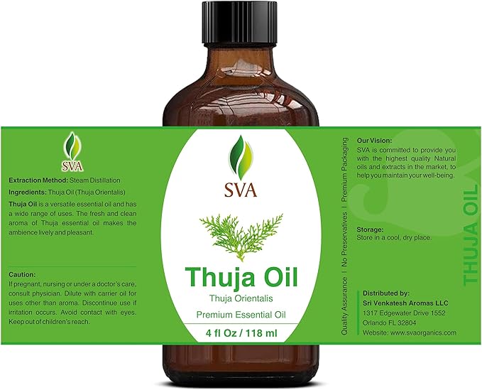 SVA Thuja Essential Oil – 4 Fl Oz – 100% Natural Thuja Oil - for Diffuser, Hair Care, Face, Skin Care, Aromatherapy, Scalp and Body Massage, Soap and Candle Making – with Dropper-Velvo Beauty
