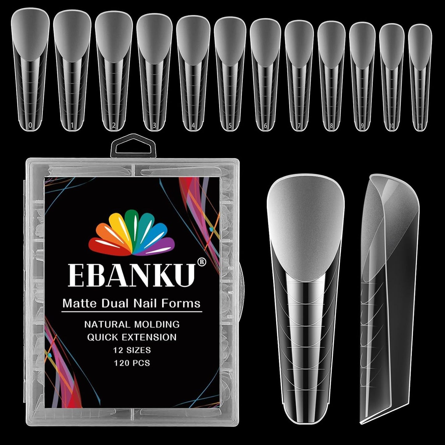 EBANKU 120Pcs Matte Dual Nail Forms, Square Poly Extension Gel Nail Forms Full Cover Nail Molds for Solid Builder Nail Gel Nail Art Design Salon&DIY 12 Sizes-Velvo Beauty