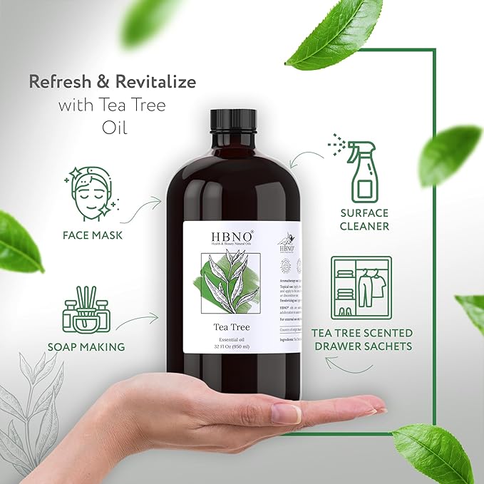 HBNO Tea Tree Oil - Huge 32 oz (950ml) Large Size - Ideal for Diffusers, Cleaning Agents, Deodorizers, and Flavoring Agents.-Velvo Beauty