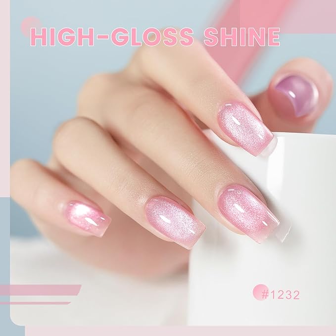 RARJSM Glass Jelly Cat Eye Gel Nail Polish Set 6pcs Reflective Sparkly Diamond Glitter Nude Pink Lake Blue Green Purple Clear Cateye Gelpolish with Magnet Stick 7.5ml Curing Requires for Home Salon-Velvo Beauty