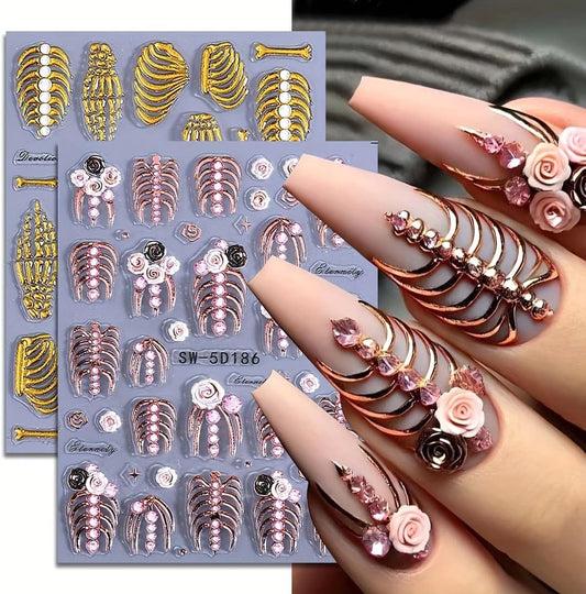 2 Sheets 5D Embossed Skull & Bone Nail Decals for Nail Art Self-Adhesive Halloween Nail Stickers Pink Hand Bone Rose Flower Nail Art Stickers Scary Gold Bones Design Decals for Women Nail Accessories-Velvo Beauty
