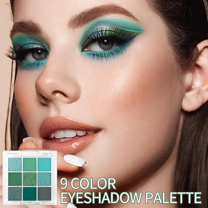 Erinde Matte Shimmer Light Deep Green Eye Shadow Palette Makeup Eyeshadow, Long Lasting Waterproof Cruelty-Free, 9 Blendable Shades Smooth Finishes Powder with Gorgeous Pearls for Girls-Velvo Beauty