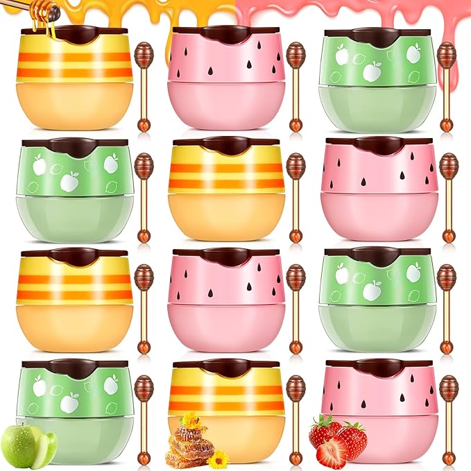 12 Pcs Bee Lip Balm Honey Pot with Brush Propolis Lip Mask Overnight, Moisturizing Hydrating Lip Sleeping Mask Prevention Dry and Cracked(Honey+Strawberry+Apple Lime)-Velvo Beauty