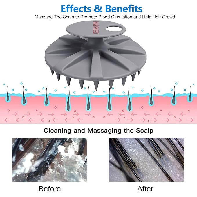 INNERNEED One-Piece Scalp Massager Shampoo Brush, Wet & Dry Scalp Care Head Scrubber Hair Washing, Soft Silicone Bristles, for Hair Growth, Dandruff Removal, Comfortable for All Hair Types (Gray)-Velvo Beauty