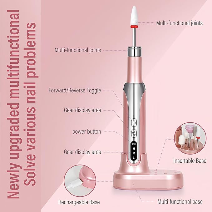 Electric Nail Drill File Cordless,Portable Rechargeable Nail File Kit for Acrylic & Gel Nails,Professional Efile for Manicure Pedicure Polishing,with 12 Nail Drill Bits 31 Sanding Bands,Rose Gold-Velvo Beauty