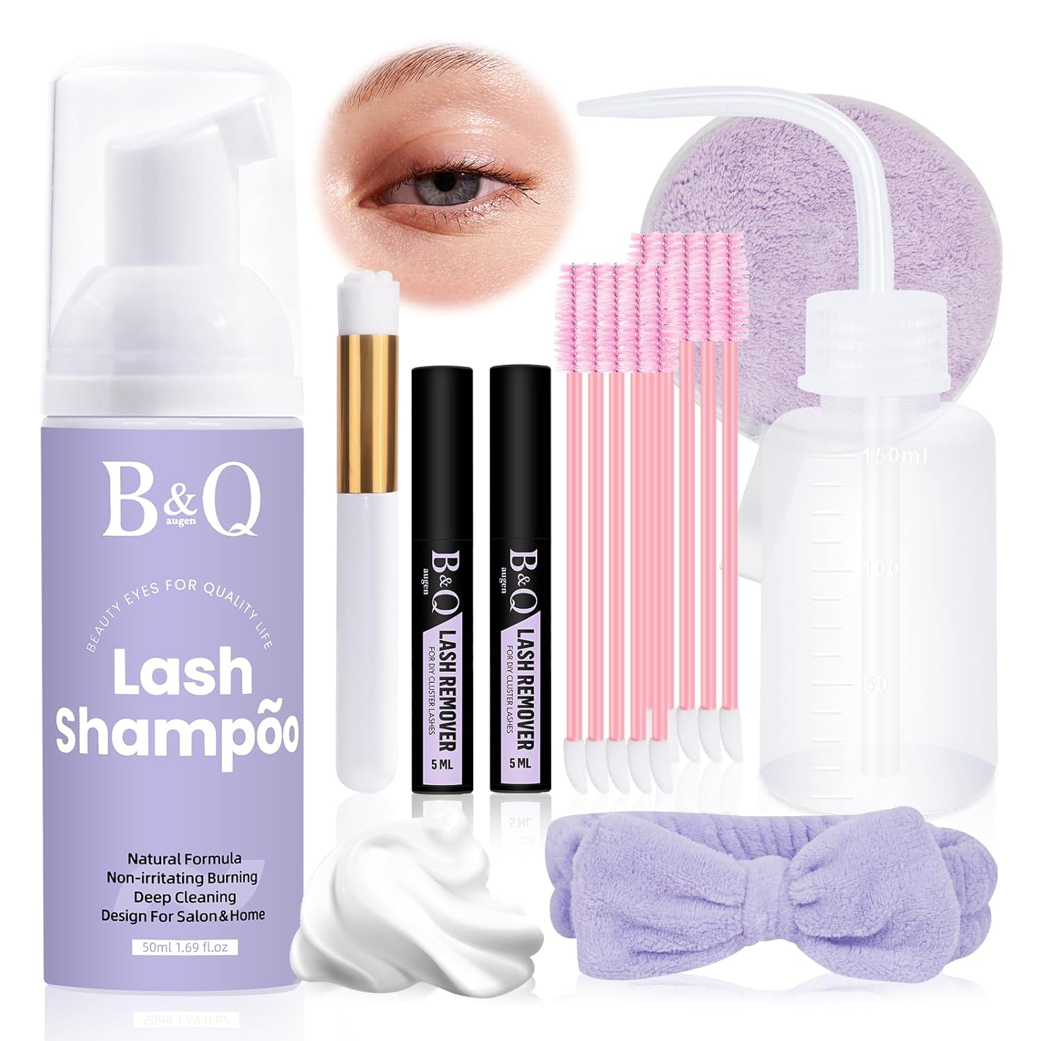 Lash Shampoo Kit Lash Cleaning Kit 50ML Lash Bath Kit Lash Wash for Eyelash Extensions Lash Remover Mascara Brush with Hairband Portable Eyelash Cleanser for Home Use (50ML Shampoo Kit)-Velvo Beauty