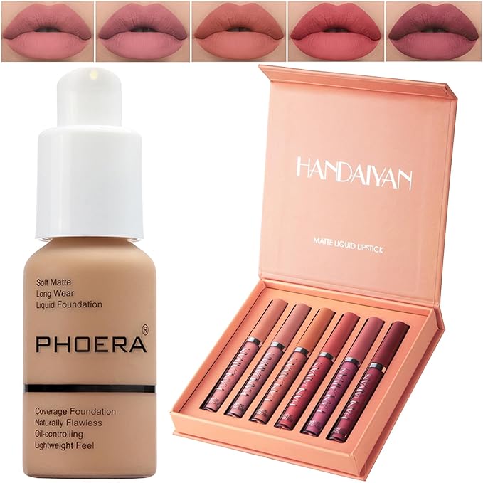 PHOERA Foundation,6 Pcs Matte Liquid Lipstick Makeup Set, Matte liquid Long-Lasting Wear,PHOERA Makeup Foundation Full Coverage(105- Sand)-Velvo Beauty