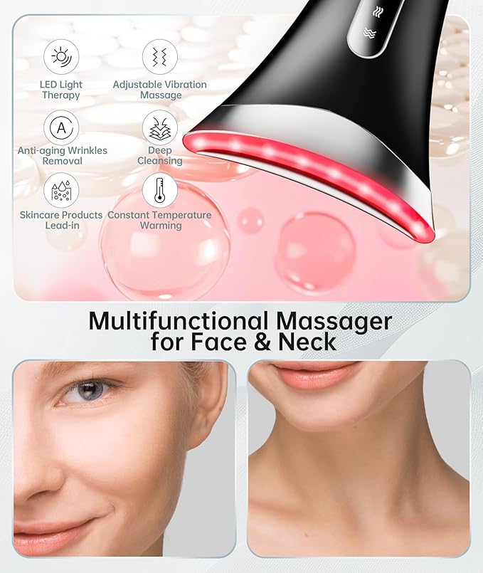 7 Color Light Therapy Facial Massager with Adjustable Vibration and Thermals for Wrinkles, Double Chin, Red Light Skin Care Tool with Base, Black-Velvo Beauty