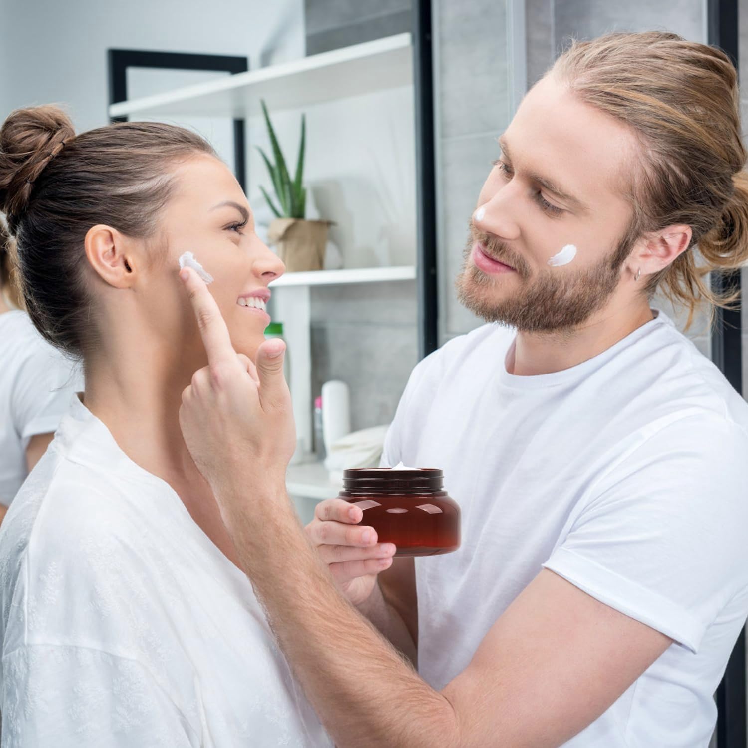 Amber Plastic Jars with Lids, 12 Pack Brown Body Scrub Jars Empty Refillable Containers Round Low Profile Samples Jars for Lotion, Body Butter, Sugar Scrub, Cream (7 OZ)-Velvo Beauty