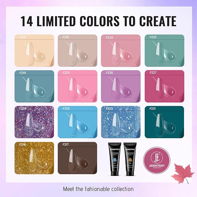 JEWHITENY Poly Gel Nail Kit 14 Colors - Yellow Nude Pink Blue Purple Glitter Tones Starter Kit with UV Lamp Base & Top Coat All-in-One Gift for Women Need U V Light Curing-Velvo Beauty