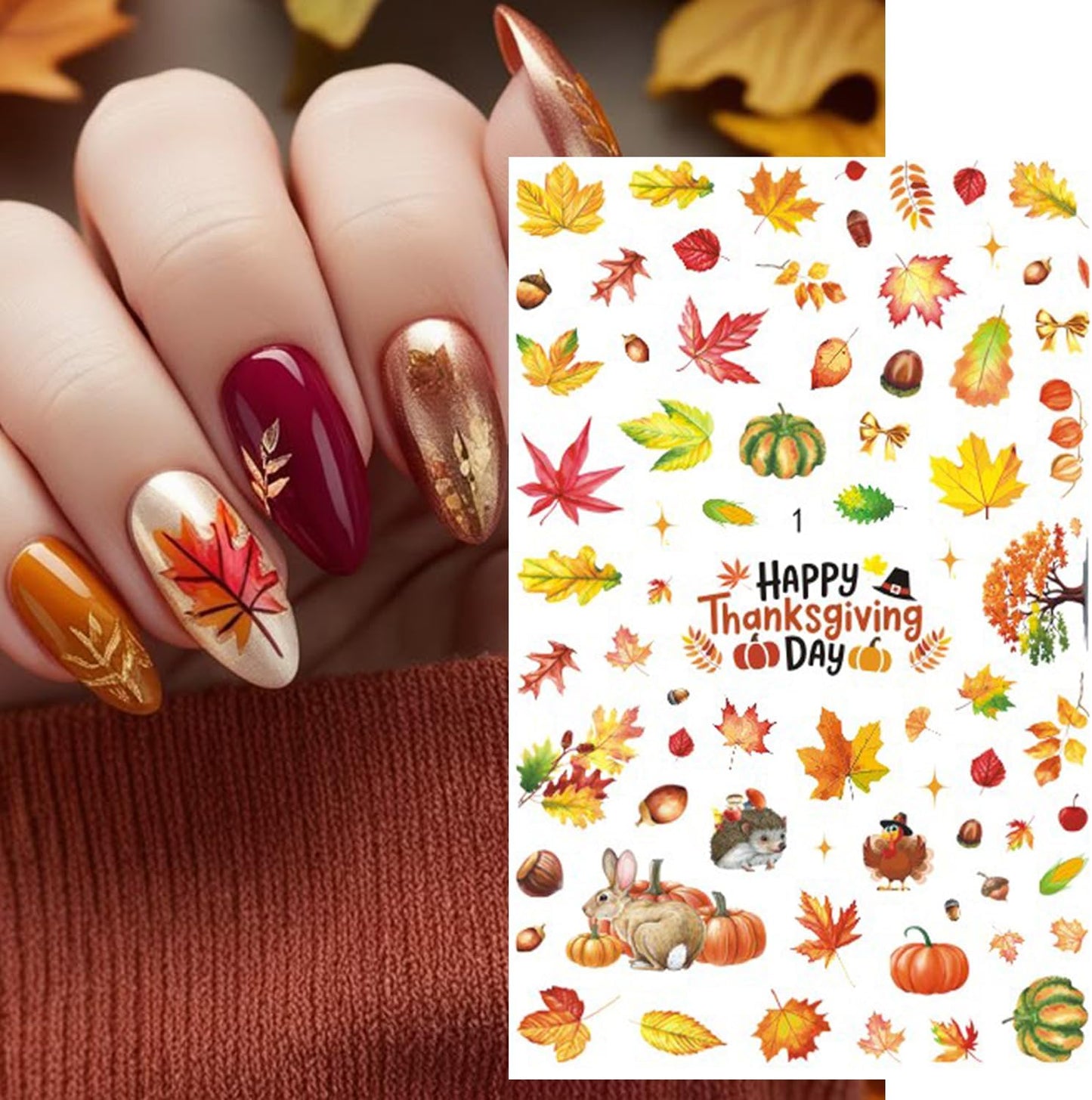 6Pcs Fall Nail Stickers for Nails Art - Cute Pumpkin Nail Decals Yellow Fallen Leaves for Nails Autumn Maple Leaf Theme Thanksgiving Nail Design Adhesive Sticker Sliders for Women Nail Art Decorations-Velvo Beauty