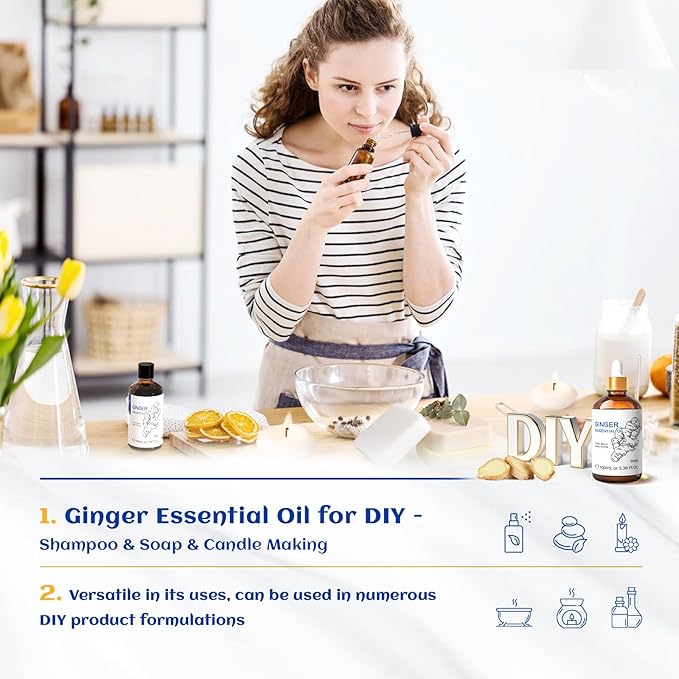 HIQILI Pure Ginger Essential Oil 3.38 Fl Oz, Pure Natural Premium Ginger Oil for Massage, Diffuser, Large Bottle with Dropper & Gift Box -100ml-Velvo Beauty