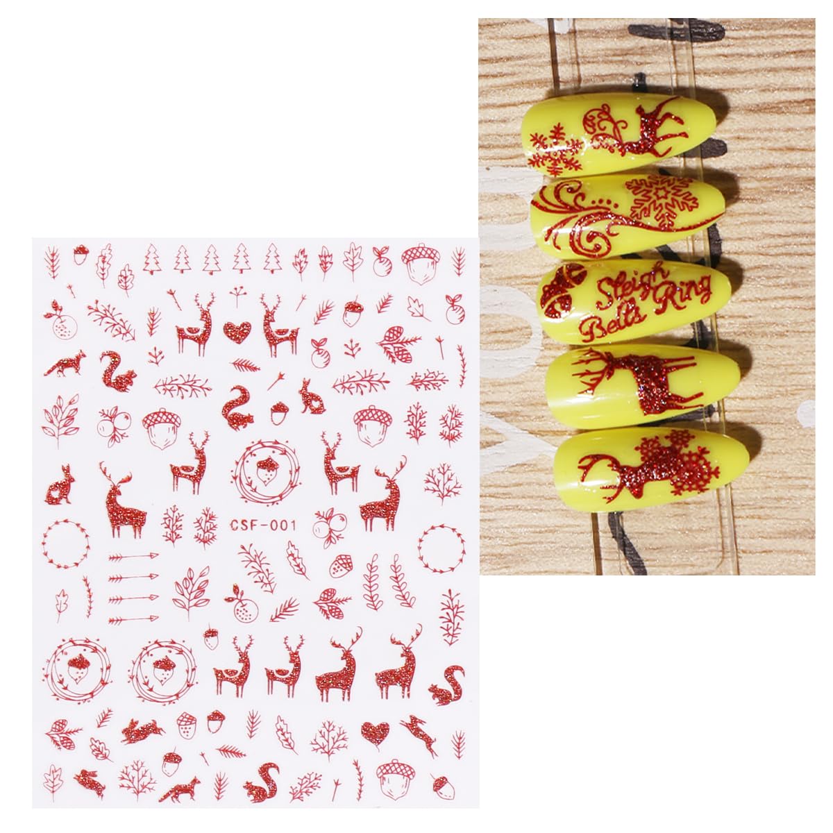 JMEOWIO 9 Sheets Christmas Glitter Nail Art Stickers Decals Self-Adhesive Red Nail Supplies Nail Art Design Decoration Accessories-Velvo Beauty