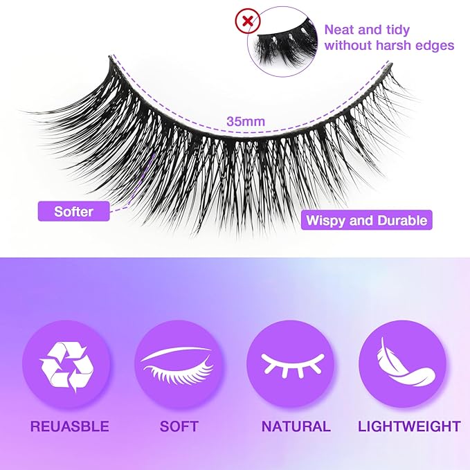 Wispy False Eyelashes Kit With Bond, Seal and Tweezer, 7 Pairs Natural Look Fake Cat Eye Lashes Strips Thin Band Extensions Waterproof Easy Eyelashes for Beginners RQ45-Velvo Beauty