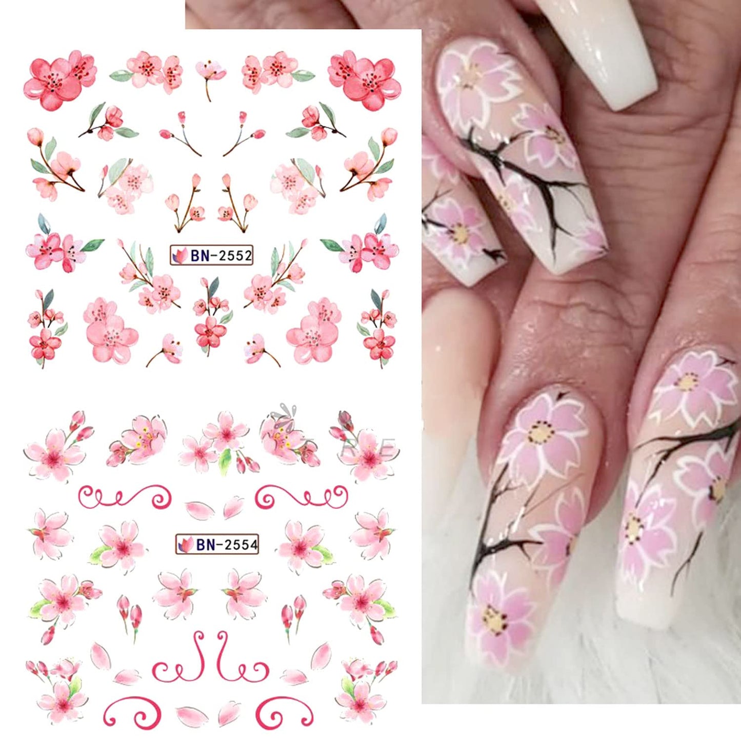 Sakura Water Transfer Nail Stickers - Cherry Blossom & Leaf Designs for Women & Girls - Pink Flower Nail Art Decoration Supplies-Velvo Beauty