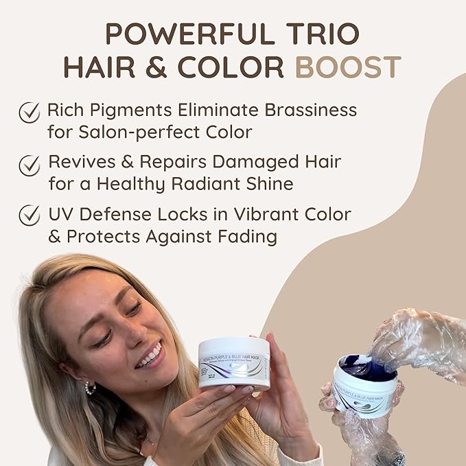 VITAMINS hair cosmetics Keratin Purple Hair Mask - Violet Blue Protein Deep Conditioner Treatment - Toner for Blonde Platinum Silver Gray Ash or Brown Colored Dry and Damaged Brassy Hair-Velvo Beauty