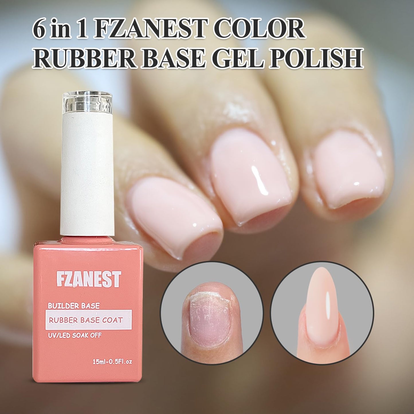 FZANEST Rubber Base Gel Polish, 6pcs*7.5ml Builder Gel Jelly Sheer Natrual Nude Pink in a Bottle UV Gel Polish Kit, Structure Quick Extension Gel-Velvo Beauty