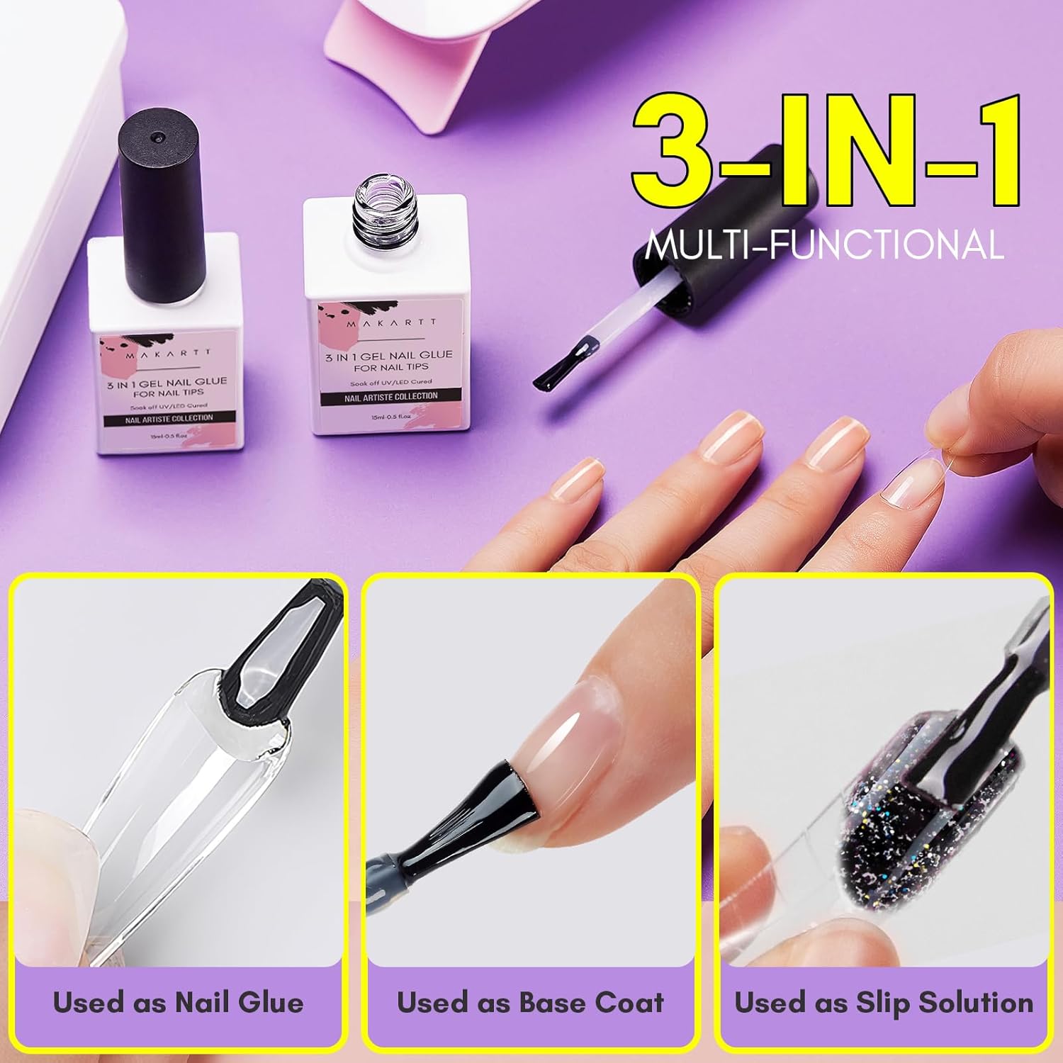 Makartt Gel Nail Glue: 3 in 1 Nail Glue Acrylic Nails Extension Super Strong Adhesive Bond Long Lasting Brush on Glues for Tips, Base Coat & Slip Solution, & Stick Rhinestone, Curing Needed, 2pcs 15ml-Velvo Beauty